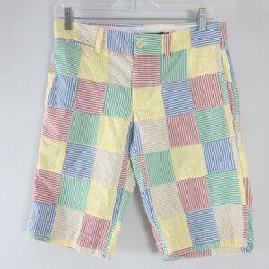 New Ralph Lauren Sport Womens 2 Yellow Red  Striped Seersucker Shorts Patchwork